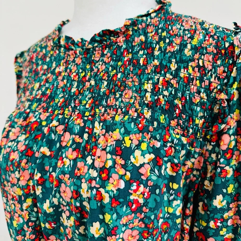 J. Crew Factory Smocked Ruffleneck‎ Top Small Viscose Multicolor